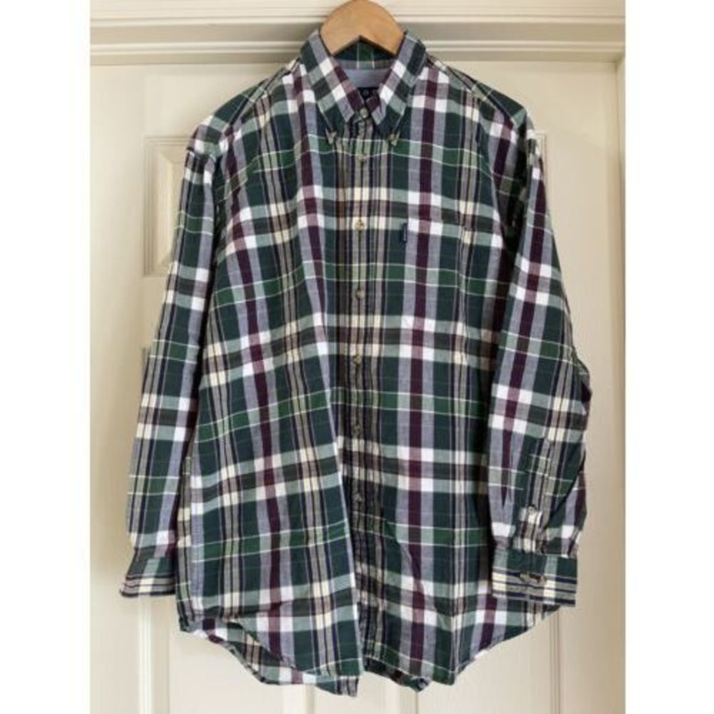 Izod Mens Shirt Large Long Sleeve Cotton Red Green Plaid Button Up Collar